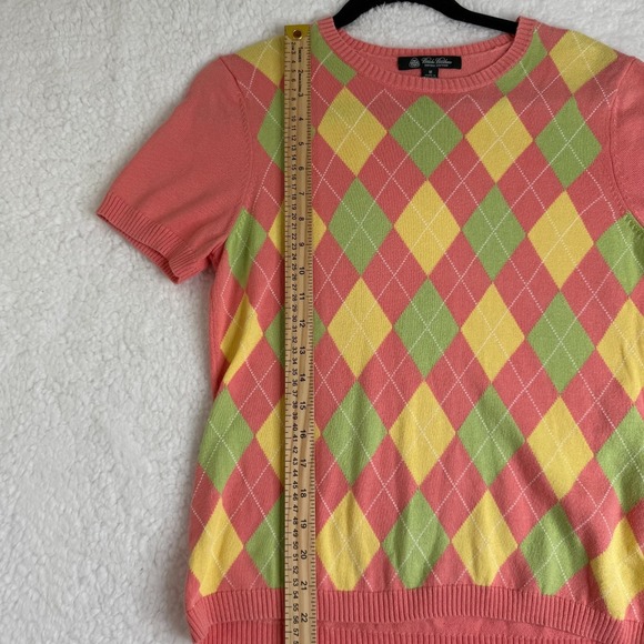 Brooks Brothers Women's Argyle Short Sleeve Sweater M Pink Green Yellow Cotton - Picture 4 of 5